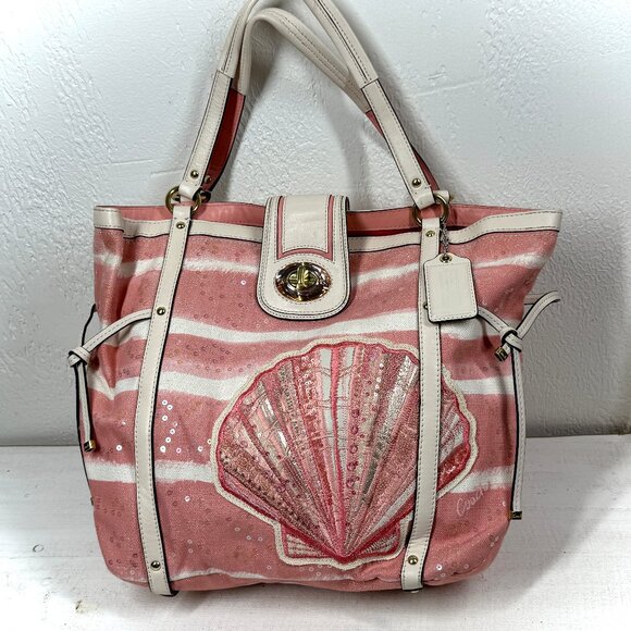 Coach Audrey Cinched Tote Pink Stripe Canvas Shell Motif Sequin Leather Trim - Picture 1 of 16